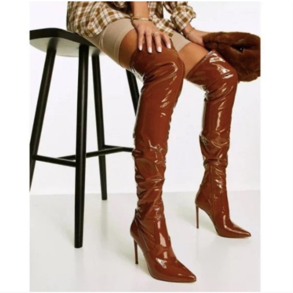 Steve Madden Patent Viktory Cognac‎ Pat Thigh High Over Knee Boots size 6.5